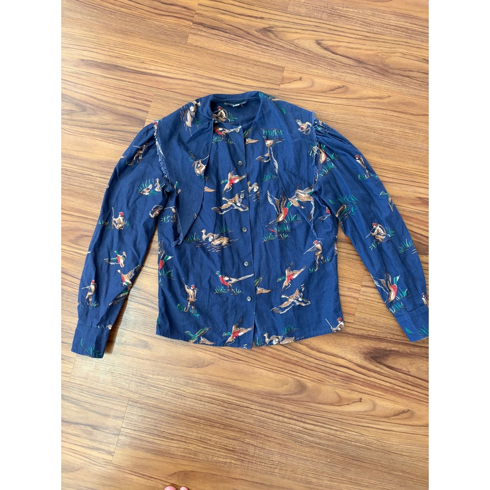 Vintage Ralph Lauren Duck Pheasant Hunting Print Sailor Collar shirt Navy Blue 6